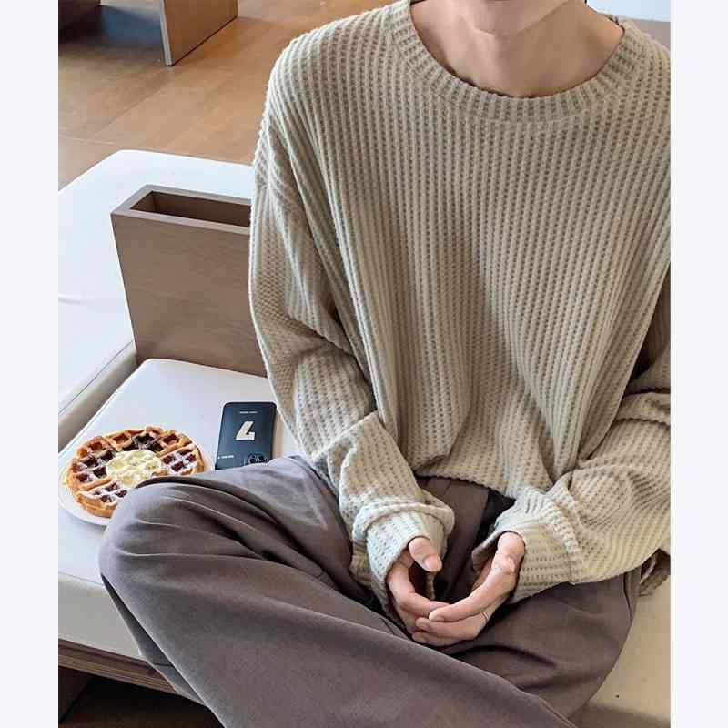メンズ 長袖 Tシャツ ワッフル柄 ラグドレス ミリヤード コットン インナー トップス ワイド ルーズ フィット 秋冬 レイヤード スタイル ゆったり シルエット 丸首 袖 肩落とし デザイン ポリエステル 混紡 素材 無撫理 加工 ライト ウェイト
