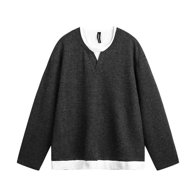メンズ 長袖 Tシャツ トップス 春秋 ワッフル 格子 柄 切り替え デザイン 丸首 ゆったり ルーズ フィット ストリート カジュアル スタイル ポリエステル 混紡 素材 透気性 ブラック カラーバリエーション 日常 着用 アイテム