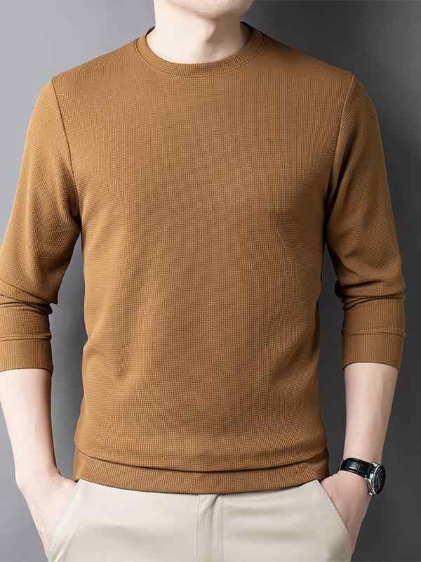 メンズ 長袖 Tシャツ トップス ビジネス カジュアル ラウンドネック ワッフル 柄 純色 ポリエステル 混紡 速乾 透気 防皺 高弾性 吸湿 排汗 色牢度 高 クーリング センス 薄手 ゆったり シルエット 青年 向け 黒 グリーン ブルー レッド ブ