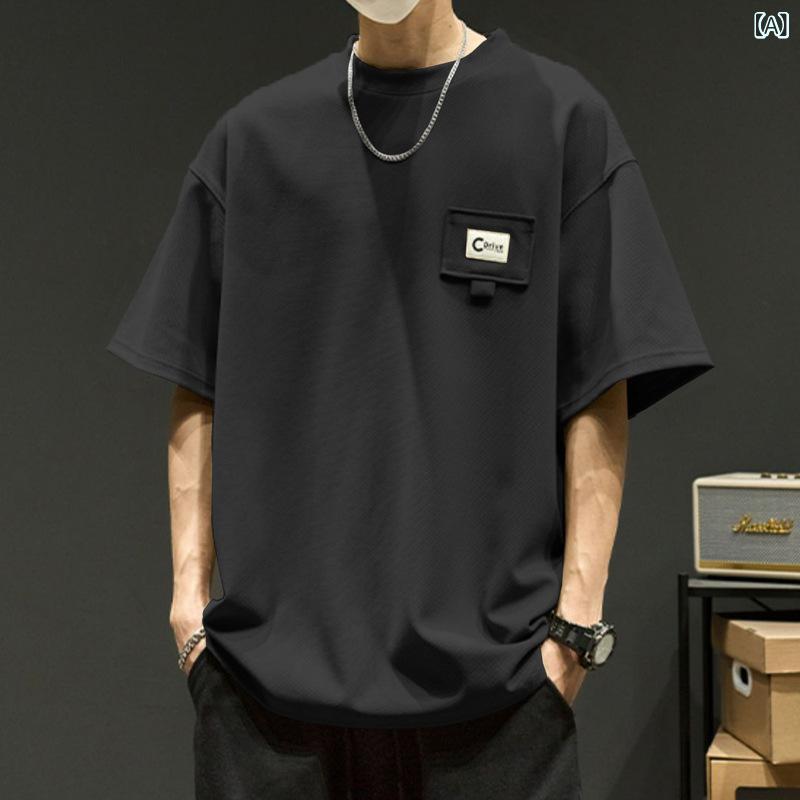 Tシャツ メンズ 短袖 夏 ワッフル格子柄 半袖 ルーズフィット 丸首 トップス ポリエステル 透気性 ブラック ベージュ ピーチ 切り替えデザイン レトロ ストリート ファッション カジュアル 普段使い 青少年向け 軽量 吸湿速乾