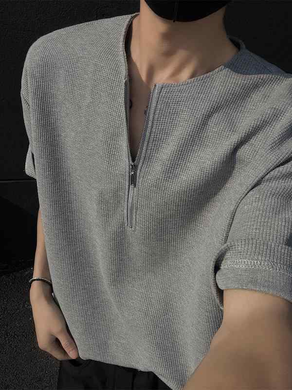 Tシャツ メンズ 短袖 半拉? ハウンドトゥース柄 ワイドシルエット 夏季 接触冷感 ポリエステル混紡 吸湿速乾 透気性 グレー ブラック 日常着用 ルーズフィット ポロシャツ風 カジュアル ティーン向け ユニセックス トップス ヘンリーネック スタンダ
