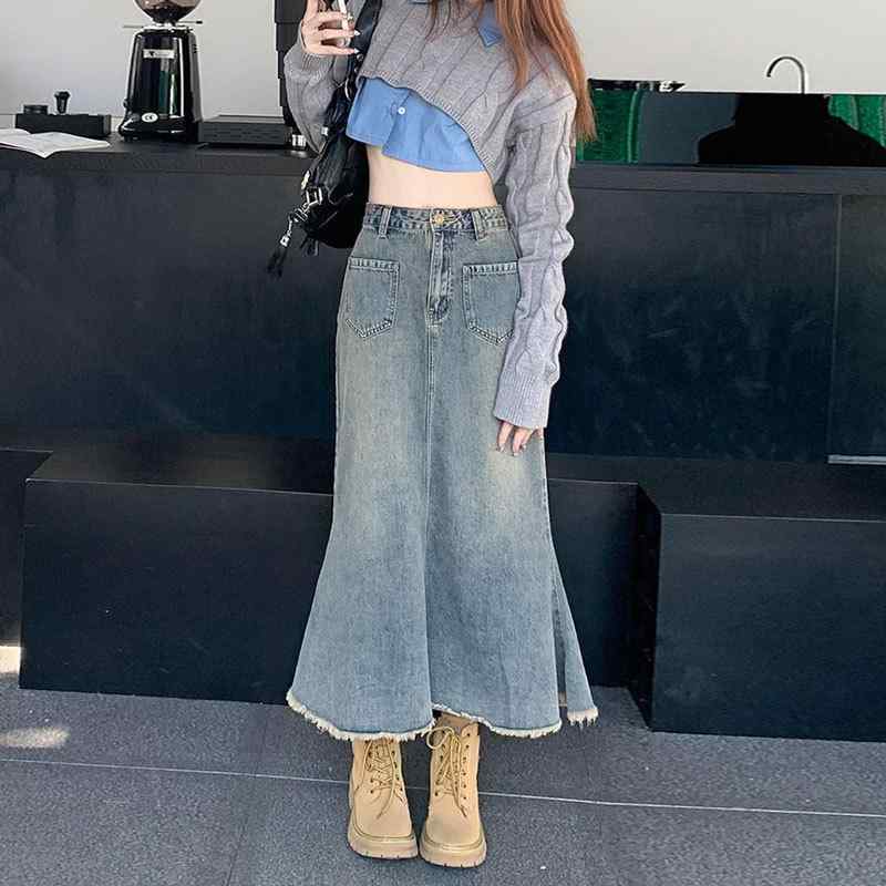 スカート 女性用 デニム ミモレ丈 魚尾 フレア ハイウエスト フレッシュエッジ クラシック ミッドレングス フィット コットン ヴィンテージブルー 洗い加工 ゆったりシルエット 気品 通勤スタイル 春夏 吸湿速乾 軽量 伸縮性