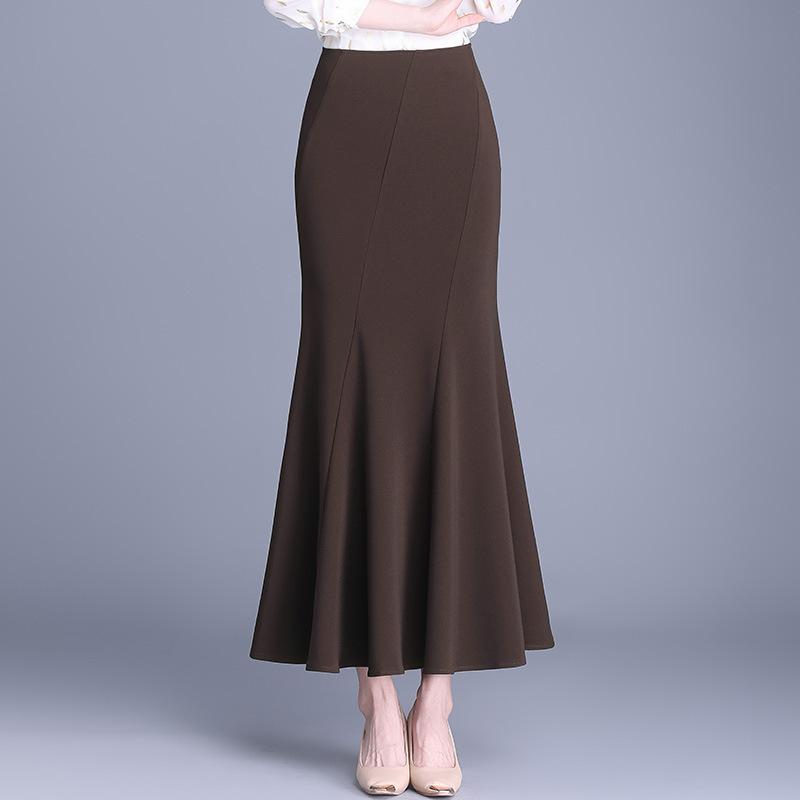 スカート 女性用 秋冬 通勤用 魚尾スカート 中長丈 Aライン スリム修身 包みヒップ ステップスカート 切り替えデザイン ポリエステル 微弾性 ブラック コルクカラー 気質スタイル 5,378円