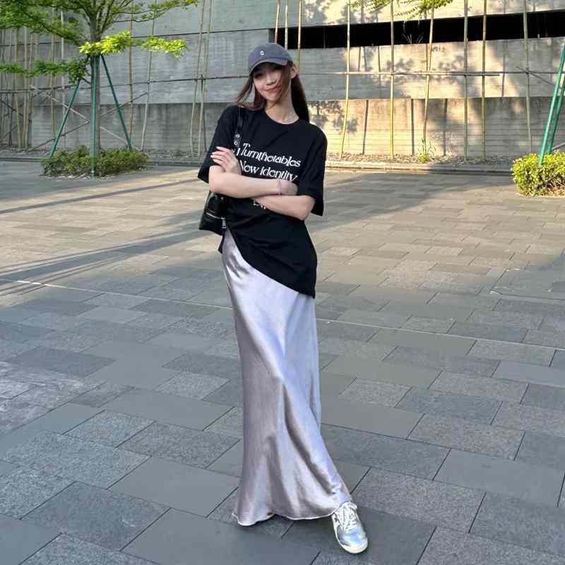 スカート 女性用 春夏 秋冬 接触冷感 醋酸サテン ポリエステル 長め 包臀 魚尾 半身 ピンク ブラック グレー パープル アイボリー 無弾性 シルク加工 純色 私服 気質 高級感 ミセススタイル