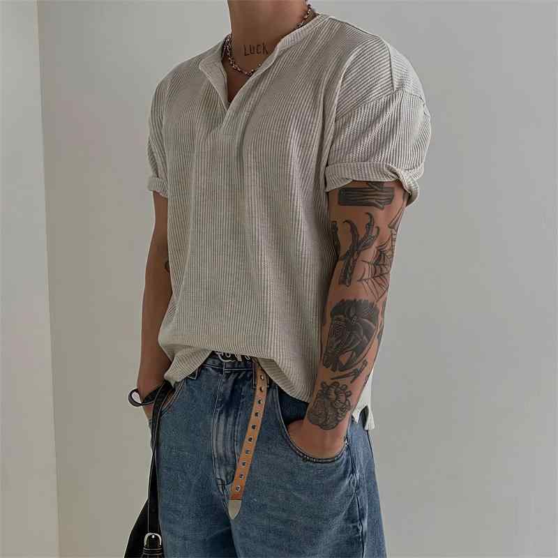 メンズ Tシャツ 短袖 ヘンリーネック ワッフル 夏用 軽薄 透気 サイドスリット ゆったりシルエット ポリエステル混紡 純色 Vネック 薄手 耐摩耗 色牢度高 グレー ブラック ホワイト ゆったりトップス 軽量 吸湿速乾 日常カジュアル