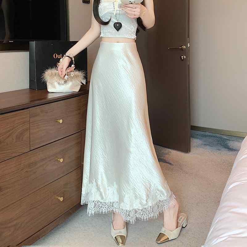 半身裙 レディース 魚尾スカート Aライン ミドル丈 包みスカート 包臀 切り替え レース 花辺 垂れ感 ポリエステル 微弾性 気質 通勤 都市 カジュアル ブラック 杏色 ピンク ブルー