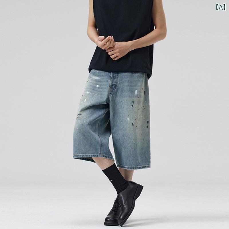 牛仔パンツ メンズ レディース 七分丈 直筒型 ミッドライズ コットン素材 綿88% ヴィンテージ風 グラフィティ柄 スプラッシュプリント 夏用 軽量 ゆったりシルエット ストリートスタイル 普段使い デイリーウェア ティーン向け カジュアル ポケット付