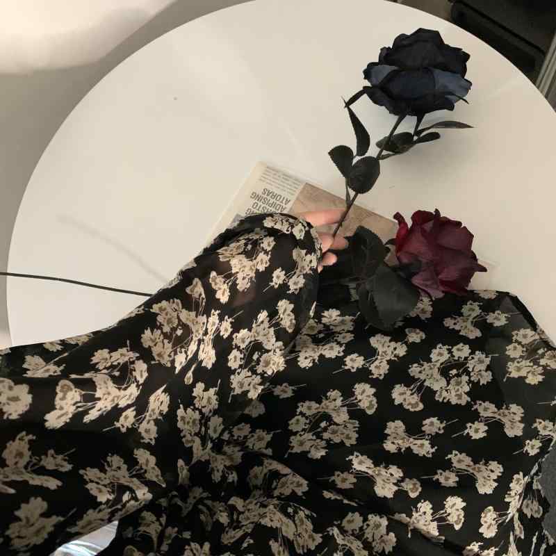 ワンピース レディース 春夏 長袖 Vネック 高腰 Aライン ロングスカート 黒 花柄 切り替え デザイン ?? ポリエステル 素材 軽量 伸縮性 吸湿速乾 日韓 スタイル かわいい 普段使い 通勤 ビッグシルエット ラフ カジュアル