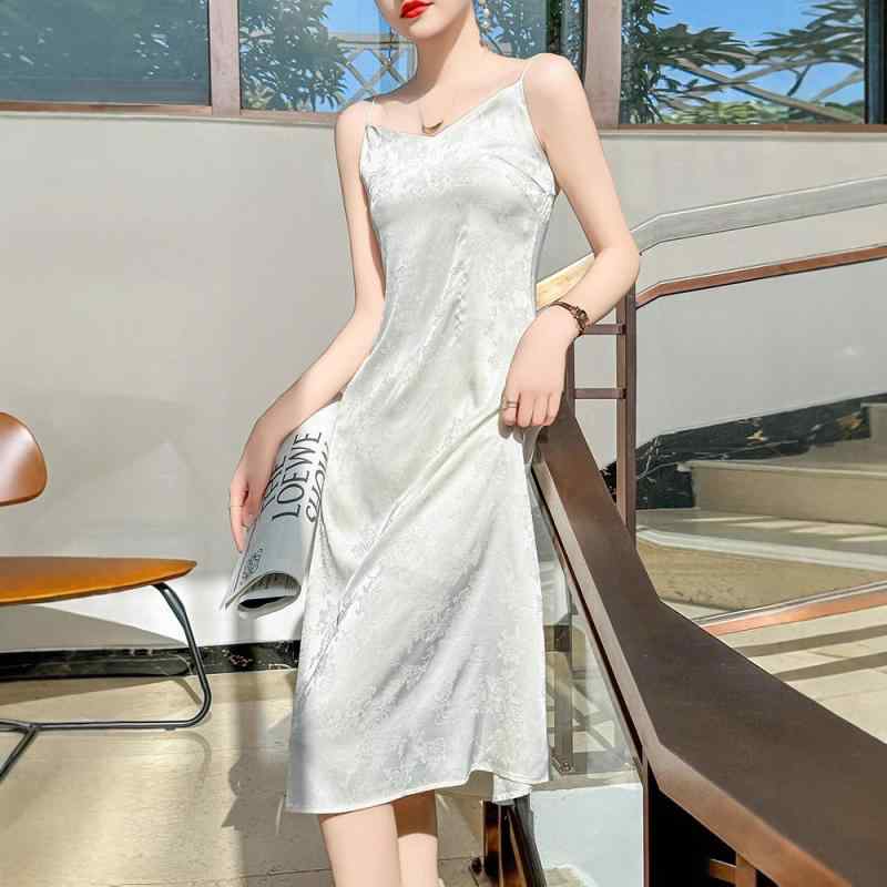 ワンピース 女性用 春夏 Vネック 花柄 ロングドレス ゆったり Aライン 無袖 切り替え 気品 通勤 軽量 再生繊維 ベージュ ホワイト ブラック 私服 洗練 シルエット