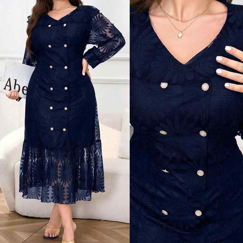 ワンピース 女性用 春夏 気質 気品 ダブルブレスト ボタン 切り替え レース 中長丈 修身 ブラック ブルー 通勤 普段使い 接触冷感 伸縮性 軽量 長袖 ジャケットカラー Vネック ハイウエスト ビッグシルエット