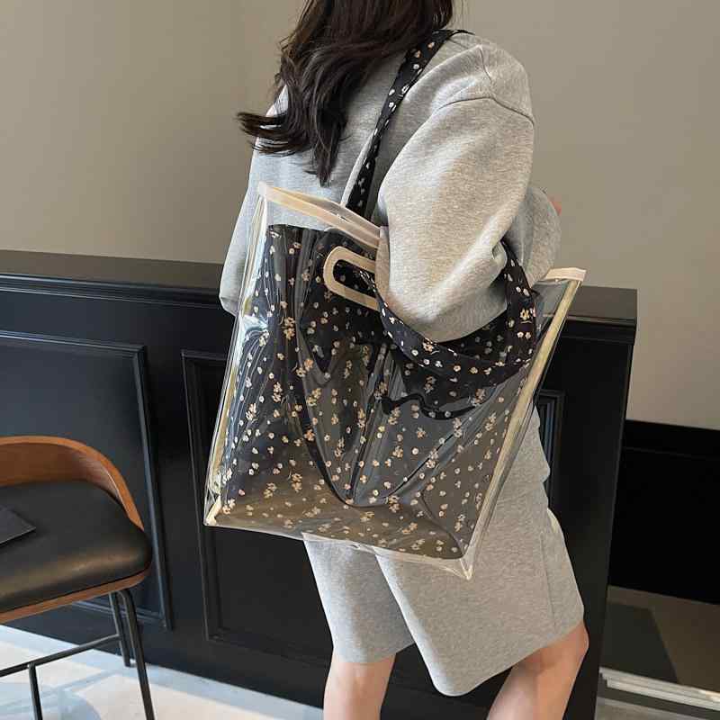 トートバッグ 女性用 大容量 帆布 PU素材 夏 2025 フラワー柄 透明 ファッション シングルショルダー 横型 ソフト ジップ開閉 街頭スタイル 深藍 ピンク ブラック アイボリー 日常使い 車線ステッチ ポリエステル内張り 立体ポケット シングル