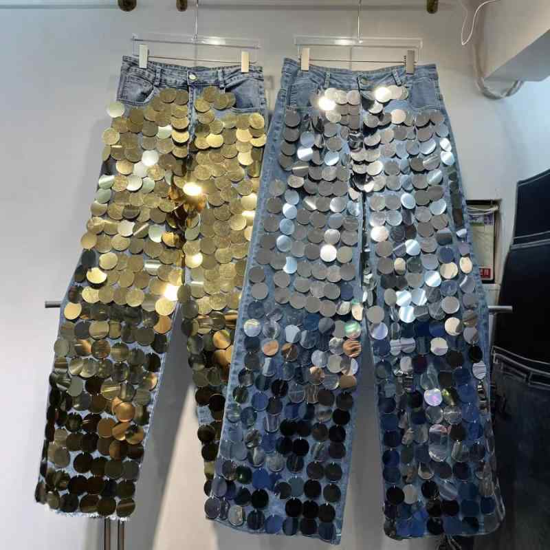レディース デニムパンツ 直筒 高腰 シルバーブリリアント ゴールド 亮片 装飾 綿素材 ストリートスタイル 普段使い 軽量 伸縮性 夏 春夏 トレンド かわいい 女性用 ロングパンツ ハイウエスト ビッグシルエット 吸湿速乾｜フォークBR