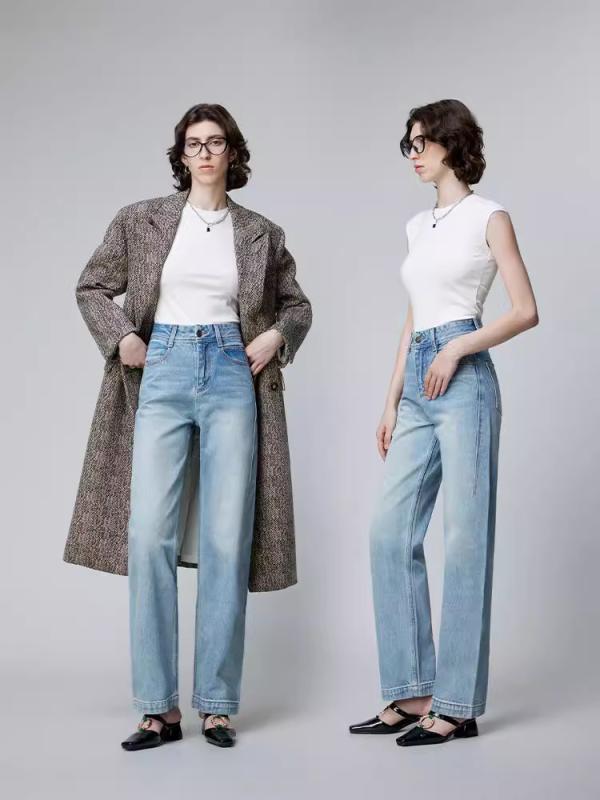レディース デニムパンツ 秋 秋冬 高腰 直筒 コットン 素材 ウォッシュ加工 軽量 伸縮性 吸湿速乾 御姐風 私服 通勤 普段使い ハイウエスト ロングレングス ライトブルー ネイビー モダンブルー スリムシルエット カジュアル ファッション スタイル