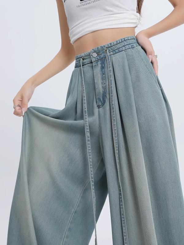 レディース デニムパンツ スカイブルー ハイウエスト ワイドレッグ ラッパーパンツ 薄手 ドレープ感 ゆったりシルエット レイヤード加工 微弾性 接触冷感 再生繊維 軽量 吸湿速乾 夏用 普段使い 快適 カジュアル デイリーウェア ブラックグレー ブルー
