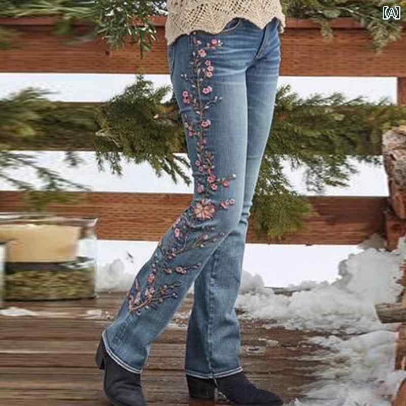 秋冬 レディース デニムパンツ ハイウエスト 微弾性 修身 フレア ロング丈 コットン素材 ブルー 刺繍 ステッチ 立体装飾 ゆったりシルエット 快適 日常使い 軽量 伸縮性 日韓カジュアル