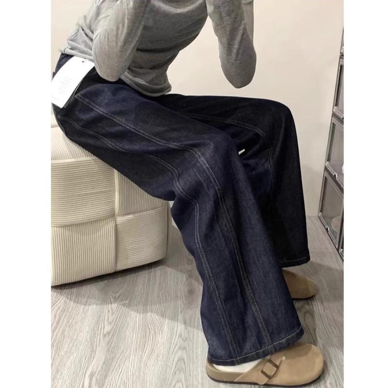 パンツ 女性用 秋冬 デニムパンツ 高腰 ワイドレッグ ストレート 切り替え 厚手 暖か 通勤 普段使い 気質 ゆったり ビッグサイズ 梨型体型 すっきり ゆったりシルエット 再生繊維 ポリエステル 深色 インディゴブルー 軽量 伸縮性 吸湿速乾 デイリ