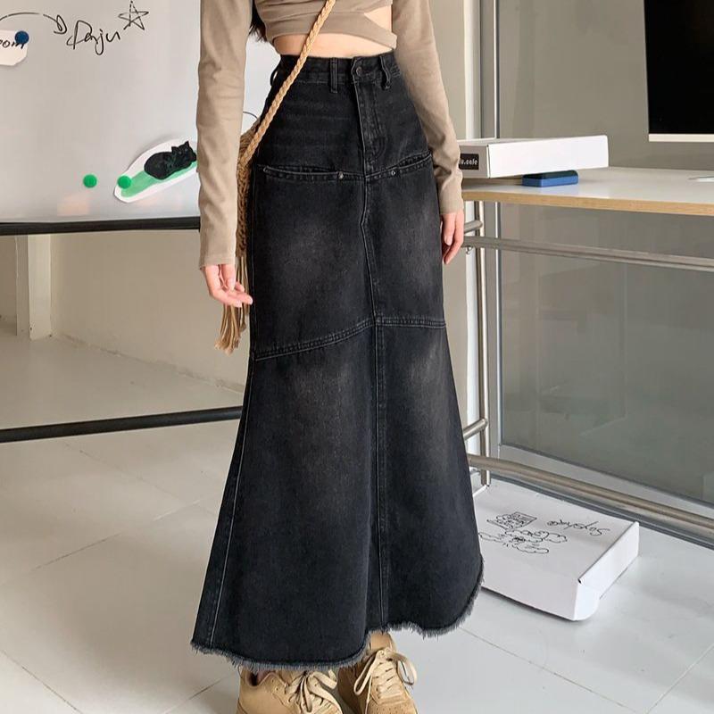 スカート レディース 牛仔スカート 半身スカート ミディ丈 Aライン 毛フェザーエッジ 夏 春夏 ブラック グレー 綿素材 コットン 中弾性 免燻加工 気質 通勤風 普段使い 軽量 伸縮性 通勤 通年 デニム 切り替え ジッパー デザイン カジュアル 女