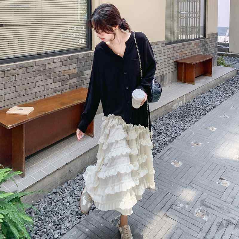 ワンピース レディース ブラック 切り替え Aライン ロングドレス Vネック 長袖 ハイウエスト 春夏 秋 通勤 気質 スタイル コットン ライク ポリエステル 軽量 伸縮性 レース ディテール 不規則 ヘム 日常使い オフィス コーディネート