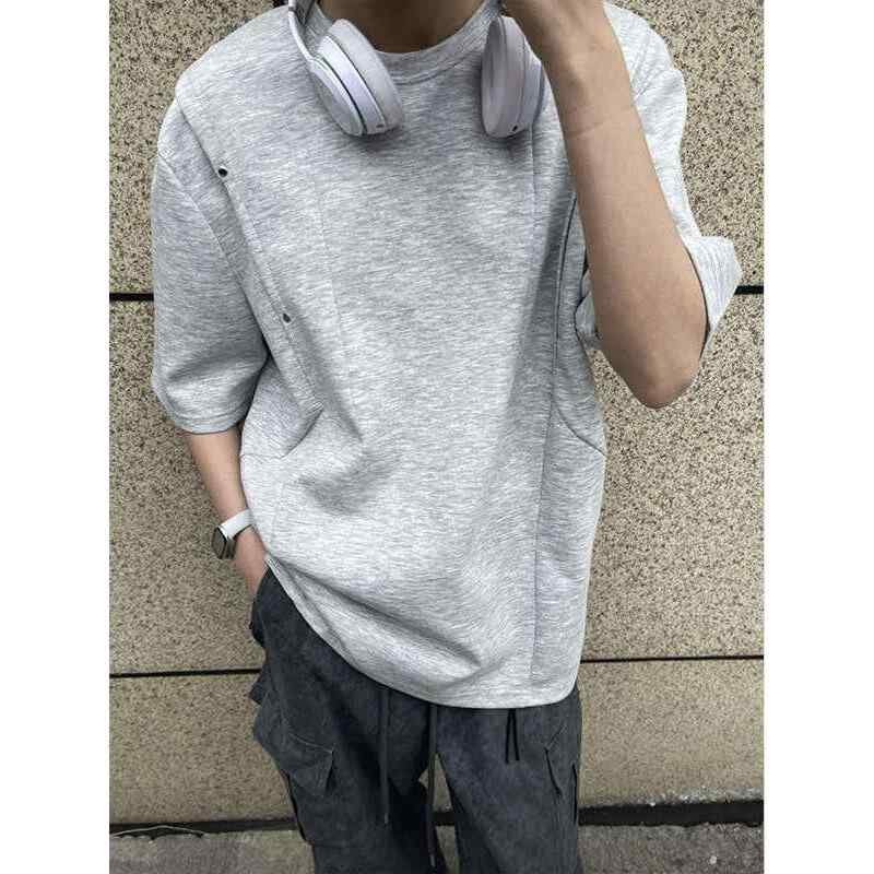 メンズ Tシャツ 短袖 落肩袖 丸首 ルーズフィット デザイン プリーツ加工 ダボっとシルエット 軽量薄手 綿素材 ポリエステル混 抗菌加工 ブラック ライトグレー 夏用 ストリートカジュアル 普段使い ゆったり上着