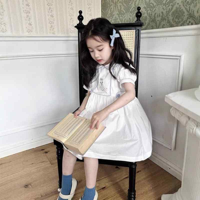 女児 ワンピース 夏用 学院風 かわいい 刺繍 短袖 プリンセススカート 綿 柔らかい 動物柄 白 3～8歳 中小児 通学 普段使い 軽量 吸湿速乾 接触冷感 春夏 スカート ドレス トップス キッズ レディース 女の子 ベビー 子供服