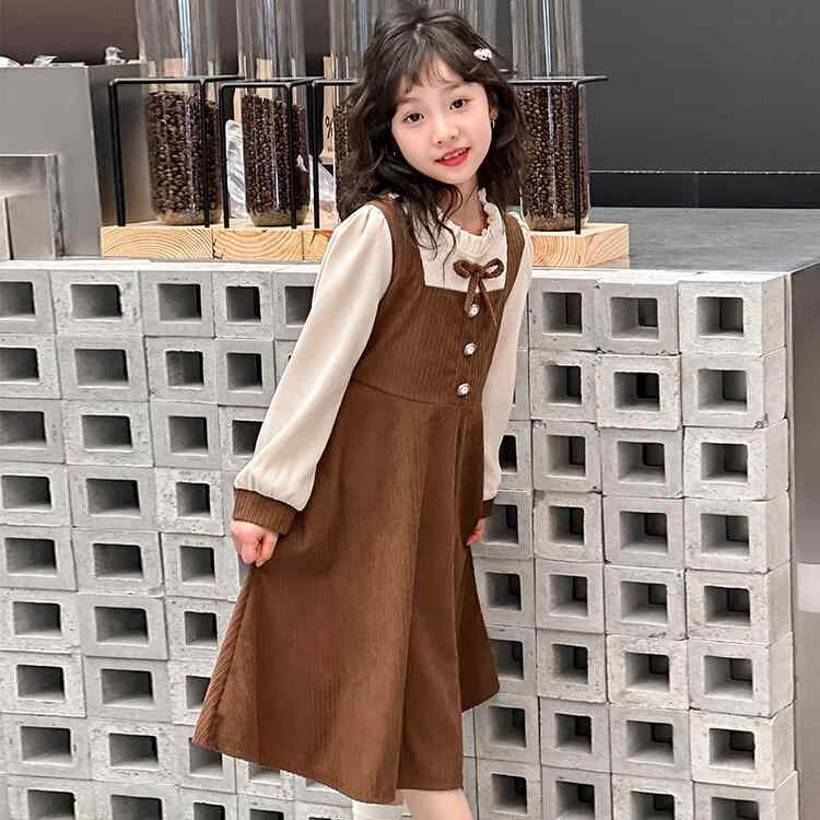 女児 ドレス 女の子 連衣裙 灯芯? コットン 40% 長袖 プリンセススカート 春季 春秋 かわいい ピュアカラー 切り替え 柔らかい 韓国風 中大児 120cm 130cm 140cm 150cm 160cm 170cm ブラウン 日常使い 学校用