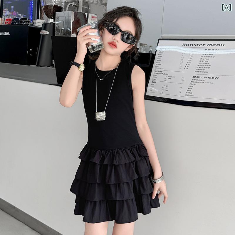 女児 ワンピース 女の子 無袖 バックスタイル プリーツスカート 甘め かわいい 綿混紡 ポリエステル 柔らかい 生地 黒 無地 プリンセス スカート ビッグシルエット 通年 普段使い 軽量 伸縮性 部屋着 外出