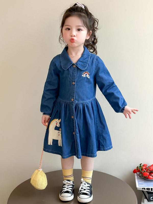 女児 ワンピース 子供 女の子 コットン混紡 デニム コットン素材 プリンセス かわいい Aライン ミディアム丈 薄手 通学 普段使い 春夏 秋 春秋 ブルー 単色 カードゥ パターン 柔らかい 生地 Bクラス 安全 3～8歳 中小児 90～140cm