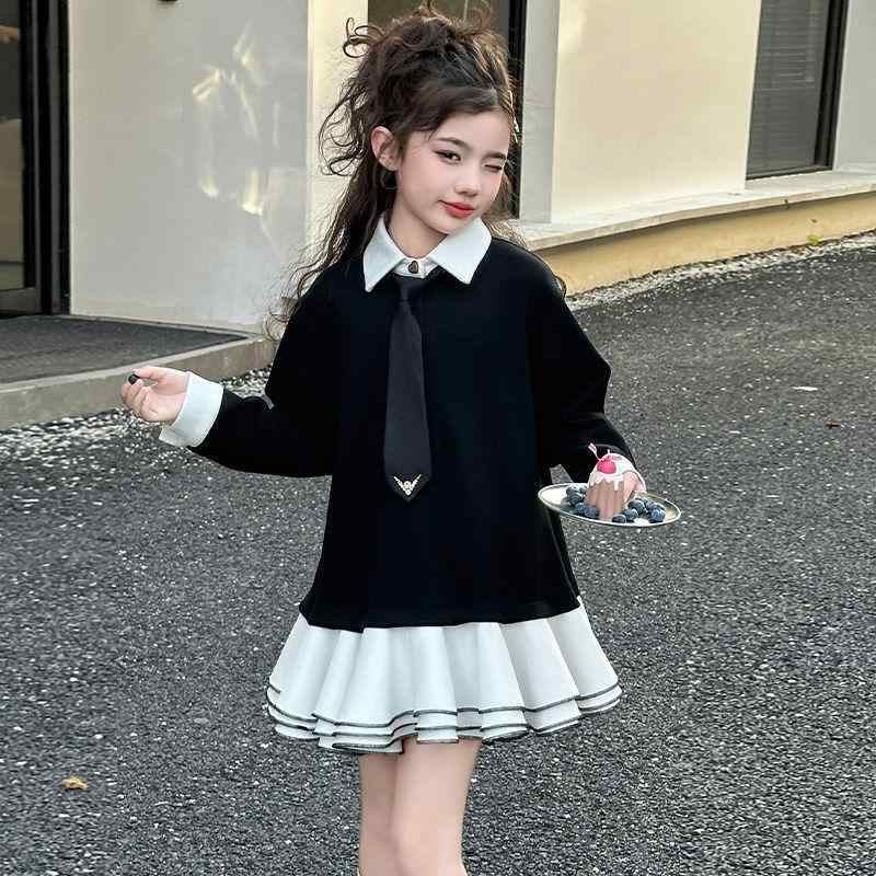 女児 ワンピース キッズ 女の子 中学生 大学生 秋冬 長袖 プリンセスドレス 純色 切り替え フレアスカート かわいい 黒 赤 ポリエステル 軽量 伸縮性 条紋 ストライプ 学校風 学院風 ファッション トップス スカート プリンセス プリンセスシルエ