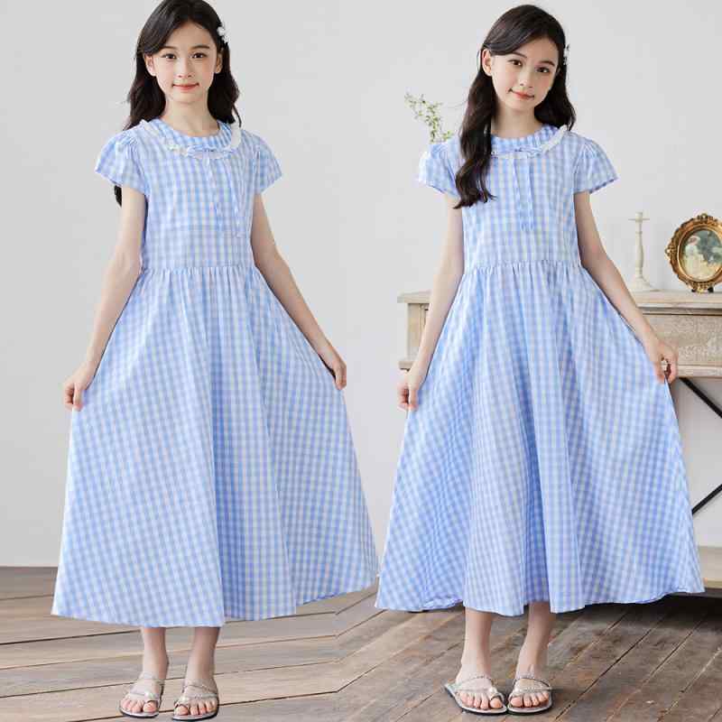 女の子 ワンピース 夏 レディース 子供 大人用 綿 素材 柔軟 プリンセス スカート レース 花辺 領 格子 柄 かわいい 基本 スタイル 春夏 シーズン 純色 柄 130cm 140cm 150cm 160cm 170cm 対応 トップス ドレス 女