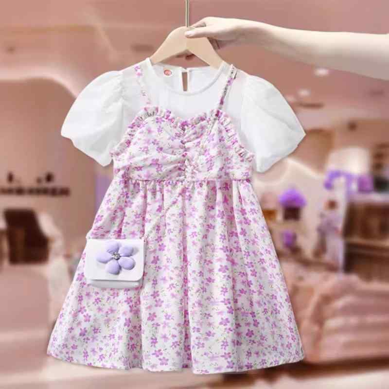 女の子 ワンピース 春夏 子供服 コットン 短袖 Aライン かわいい フラワープリント 紫色 ピンク 3～8歳 100～140cm 軽やか 通気性 普段使い プリンセス風 切り替えデザイン
