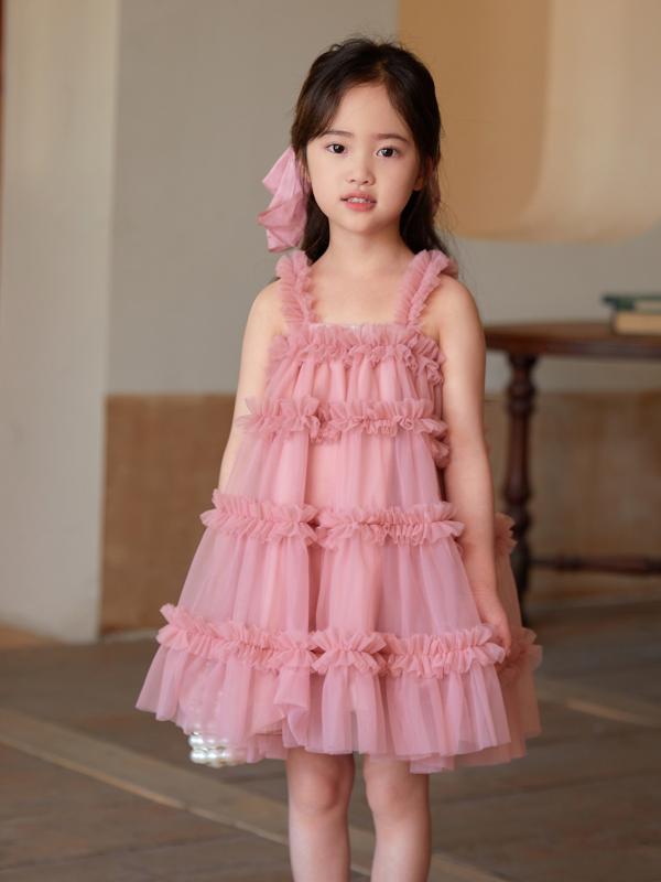 女児 吊り帯ワンピース チュチュスカート 女の子用 花辺 レース 網? 蓬蓬スカート プリンセスドレス 夏用 柔軟素材 綿裏地 ニット生地 純色 荷叶辺スカート 深緑 彩色 ピンク系 ピーチカラー ベージュピンク アイスブルー 3-8歳向け 軽量 通気性