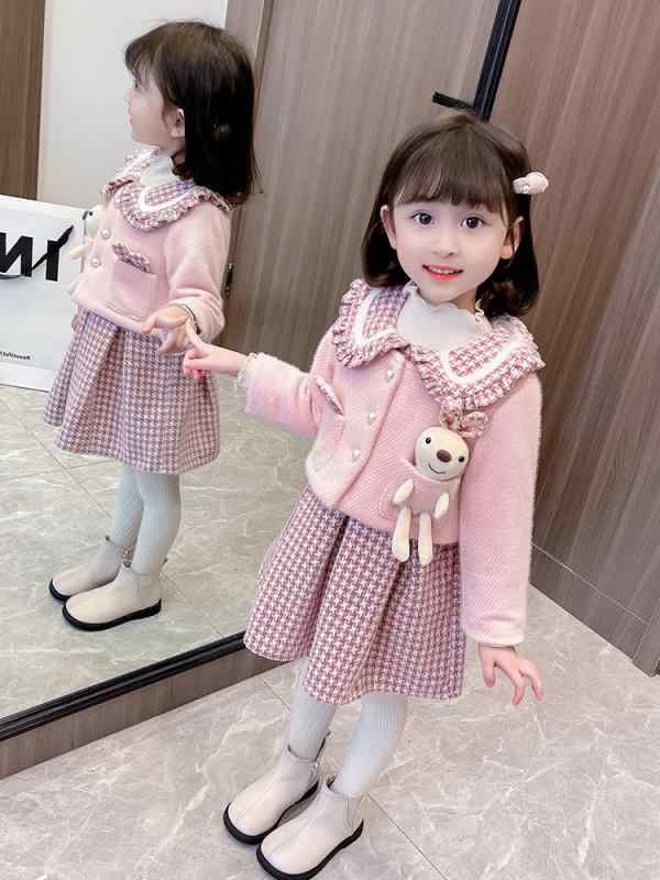 女の子 ワンピース 秋冬 かわいい 小香風 A字スカート 長袖 ポリエステル 柔らかい ピンク 3～8歳 100～140cm プリンセス風 洋気 セットアップ 女児 ドレス トップス スカート 組み合わせ 春秋 子供服 幼児 女童 シンプル 純色 伸縮性