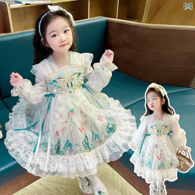 女児 ロリータドレス キッズ 女の子 長袖 ワンピース プリンセススカート かわいい 蓬蓬スカート 綿混紡 ポリエステル 100% 緑 春季 秋季 3～8歳 100～140cm カートゥーン柄 洋気 プリンセス 要素 長袖 プリンセススカート かわいい ｜フォークBR