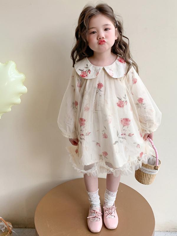 女児 ワンピース プリンセスドレス かわいい ネットスカート 長袖 Aライン 花柄 コットン混紡 ポリエステル 柔らかい 米色 3～8歳 女の子 春秋 スイート かわいい 子供服 女児服 女の子ドレス プリンセス風 甘め ガーリー 柔軟素材 軽やか フラ