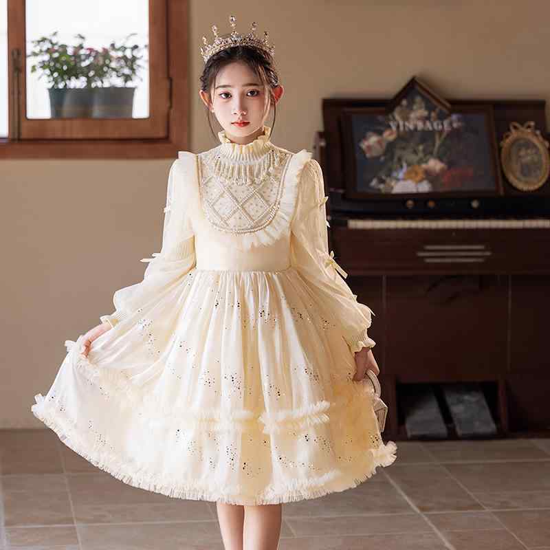 女児用 ワンピース キッズ 秋冬 長袖 毛織り チュール プリンセスドレス Aライン スカート かわいい 香?色 コットン混紡 ポリエステル 混紡 素材 プリーツ加工 シンプル 無地 暖かみ 日常着 通学 誕生日 パーティー ギフト 安全 B級 110c｜フォークBR