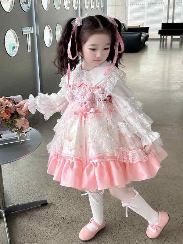 子供服 女の子 ロリータ プリンセス ワンピース かわいい 長袖 綿混紡 ポリエステル プリンセススカート 春季 秋季 通学 日常 カジュアル 伸縮性 軽量 ピンク アイボリー 90cm 100cm 110cm 120cm 130cm 140cm｜フォークBR