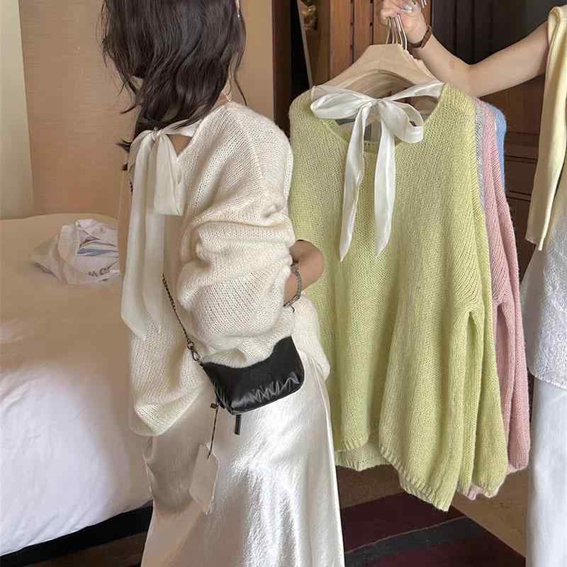 カーディガン 女性用 春夏 韓国風 後ろリボン 蝶々結び 薄手 ニットセーター ゆったり ルーズフィット 透け感 レースアップ 長袖 丸首 セットアップ 単品 ポリエステル混 ピンク ライトグリーン アイボリー ライトイエロー ブルー 清新 スイート ス