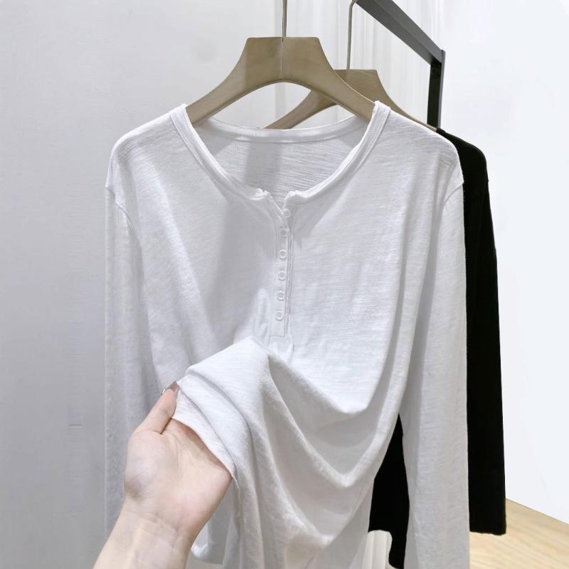 長袖 Tシャツ 女性用 秋 白色 綿 素材 Vネック ボタン デザイン 切り替え ワイドシルエット 気質 通勤 スタイル ゆったり 長さ 普通 セットアップ トップス コットン 混紡 無地 ネット 生地 ライトウェイト 吸湿 速乾 機能 ブラック カラー