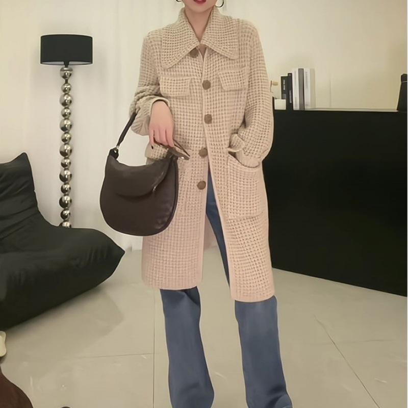 カーディガン 女性用 秋冬 韓国風 ラペル 中長丈 ニット 開き ゆったり風 ゆったり ファッション セーター ジャケット 厚手 単品 ゆったりシルエット 長袖 単排ボタン ポリエステル 無地 カーキ|フォークBR