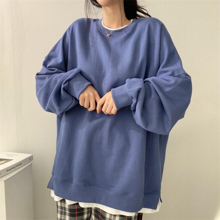 パーカー レディース 偽ツーピース 綿 混紡 長袖 ルーズフィット 丸首 単品 純色 春秋 気質 通勤 快適 休? スタイル ブルー ブラック グレー アイボリー