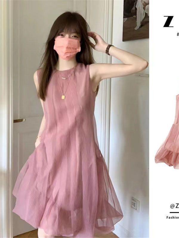 ワンピース 女性用 夏 春夏 フレンチ かわいい 無袖 トップス 甘め デザイン 高級感 優しい Aライン ウエスト切り替え チュール レース スカート 雪? 素材 純色 アイボリー ピンク系 中丈 丸首 肩紐 タイプ ゆったり 腰回り 単品 セット 免