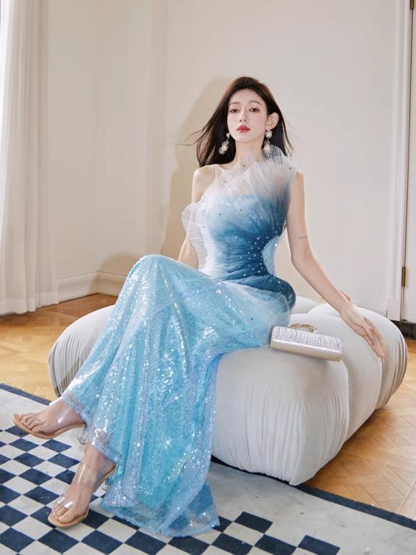 ワンピース 女性用 魚尾長ワンピース 抹胸 ハイウエスト 無袖 立体網状レース ビーズ刺繍 光沢パイル 純色 湖水ブルー 接触冷感 ポリエステル 伸縮性 通勤 デイリー 軽量 単品 ジッパー 長丈|フォークBR