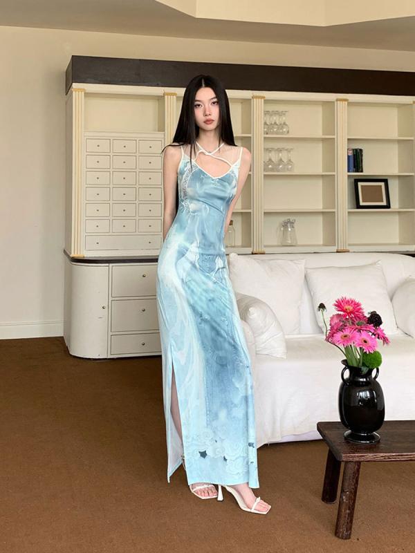 ワンピース 女性用 デザイン性 ユニーク クロス 花柄 レース 切り替え 透け感 プリント スリット セクシー ボディコン スリムフィット ロングドレス 魚尾スカート 丸首 ノースリーブ ゆったりウエスト メッシュ素材 夏 ポリエステル 抽象柄 気質 通