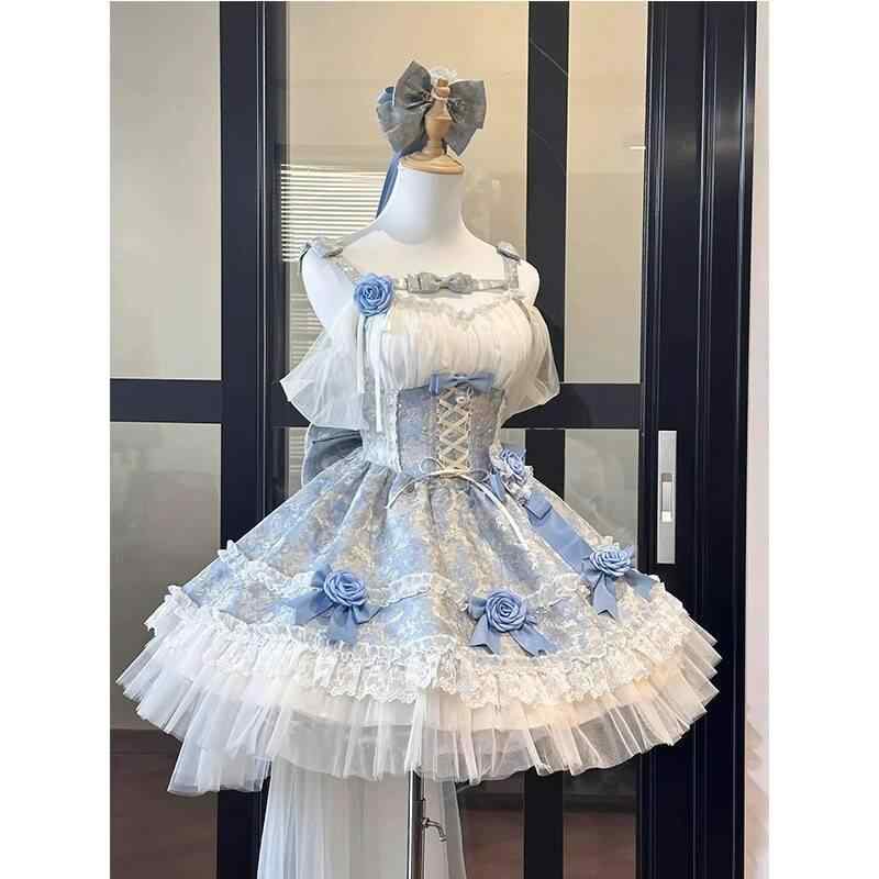 ワンピース 女性用 春夏 ロリータ フレンチ 森ガール プリンセス スカート かわいい ロマンチック 初恋 ウエストマーク スリム ポンパドール ミニ丈 吊り下げ ノースリーブ プリンセススリーブ バタフライボウ チュール チュールレース ピンク ブルー｜フォークBR