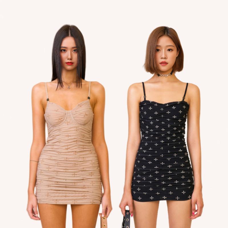 ワンピース 女性用 夏 吊り紐 ミニ 包みスカート 無袖 ミッドウエスト 背中開き 切り替え 網紗 接触冷感 伸縮性 吸湿速乾 軽量 少女風 かわいい 花柄 プリント 黒 肌色 ニット ナイロン スパンデックス インナー 普段使い デート 清楚