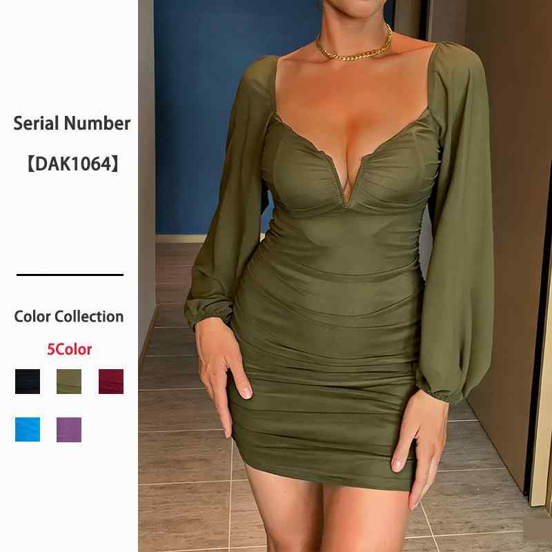 ワンピース レディース 気質通勤 セクシー Vネック レース ワンピース フレンチスタイル 高腰 ロングスリーブ ペンシルスカート タイトフィット ショート丈 バックオープニング ワインレッド ブラック ブルー ミリタリーグリーン ポリエステル レース素