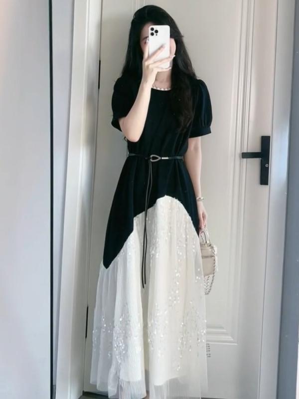 ワンピース 女性用 夏 フレンチスタイル 偽ツーピース ロングドレス 黒白 切り替え ネットヤーン 刺繍 Aライン ラウンドネック ロングスリーブ ルーズフィット コットン混 ポリエステル 吸湿速乾 軽量 ビッグシルエット スリムライン 芸術的 レトロ