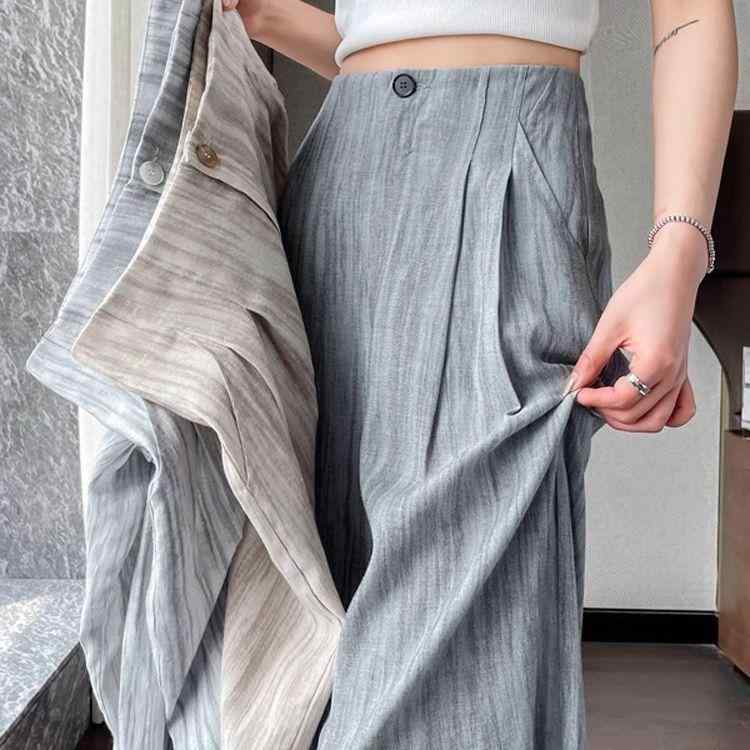 ワイドパンツ レディース 夏用 接触冷感 薄手 高腰 ストレート 麻混 ポリエステル 微弾性 垂れ感 ゆったりシルエット 快適 普段使い ライトカラー ブルー系 グレー系 ベージュ系 ロング丈 ゆったりフィット 吸湿速乾 軽量 ストレッチ カジュアル デ