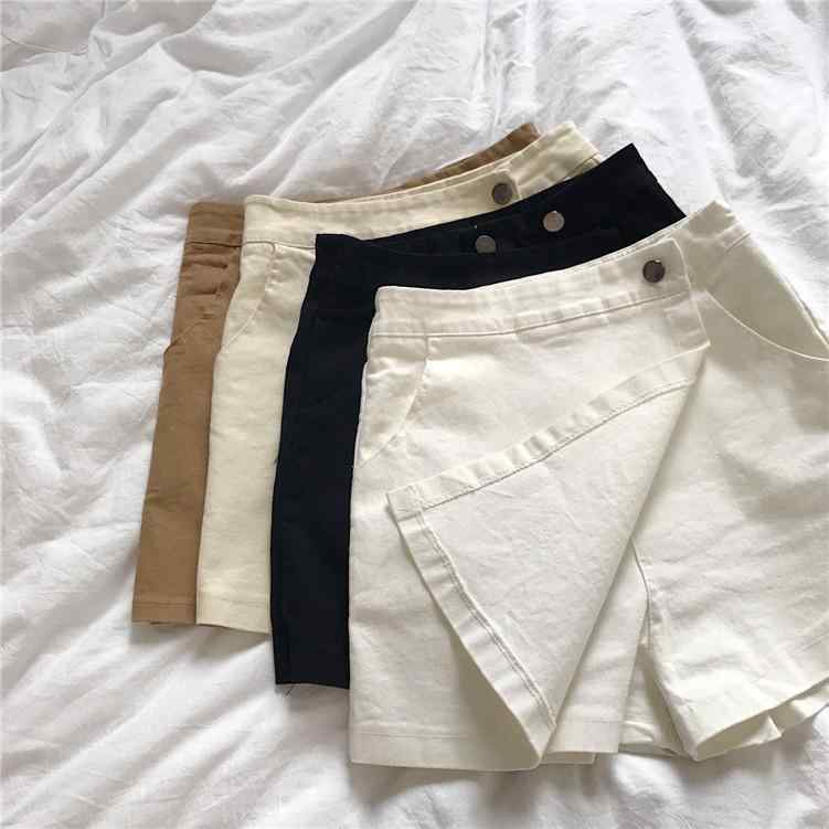 レディース 春夏 ショートパンツ 高腰 純綿 ワイドレッグ 膝上丈 女性用 学生服 通勤風 気質 薄手 無弾性 切り替え デザイン ブラック ホワイト カーキ ベージュ ゆったりシルエット 日常使い 快適 涼しい 吸湿性