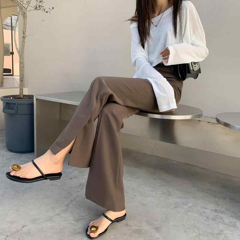 レディース ワイドパンツ 高腰 開き 直筒 スーツパンツ 黒 かき 通勤用 快適 ゆったり ロング丈 ポリエステル 混紡 気質 スタイル 春季 秋季 軽量 落ち感 ビジネス カジュアル 普段使い 伸縮性 吸湿速乾 女性用 膝下丈 サイドスリット オフィス